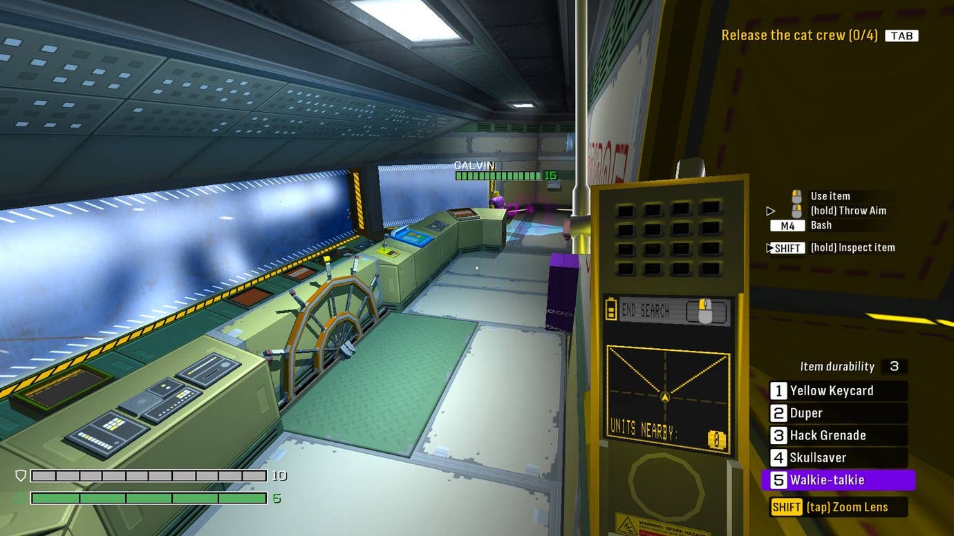 The player holds a walkie talkie while looking at the bridge of a space craft.
